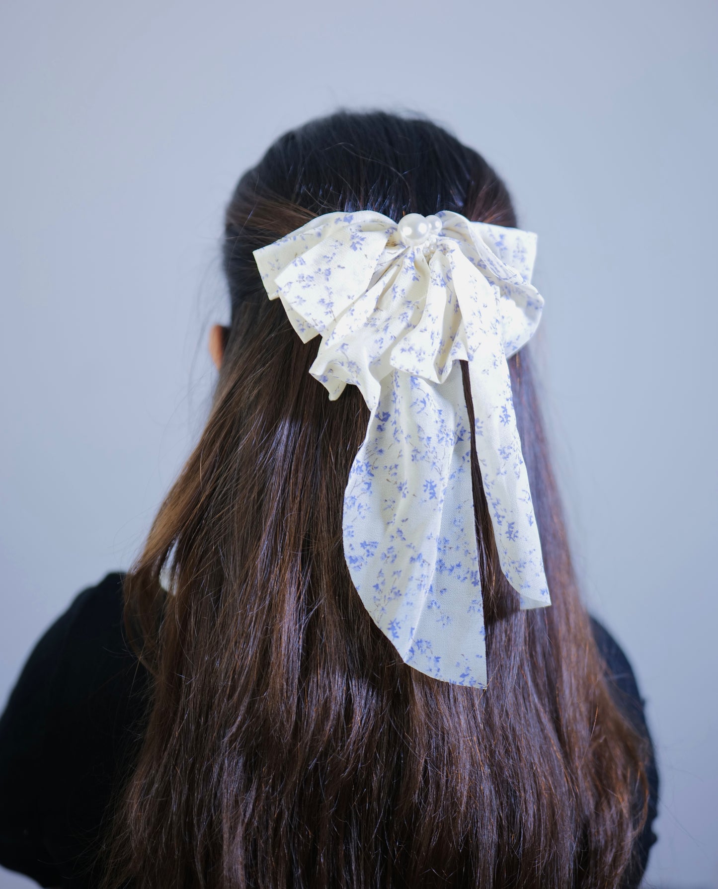 Creamy Blue Pearly Printed Bow