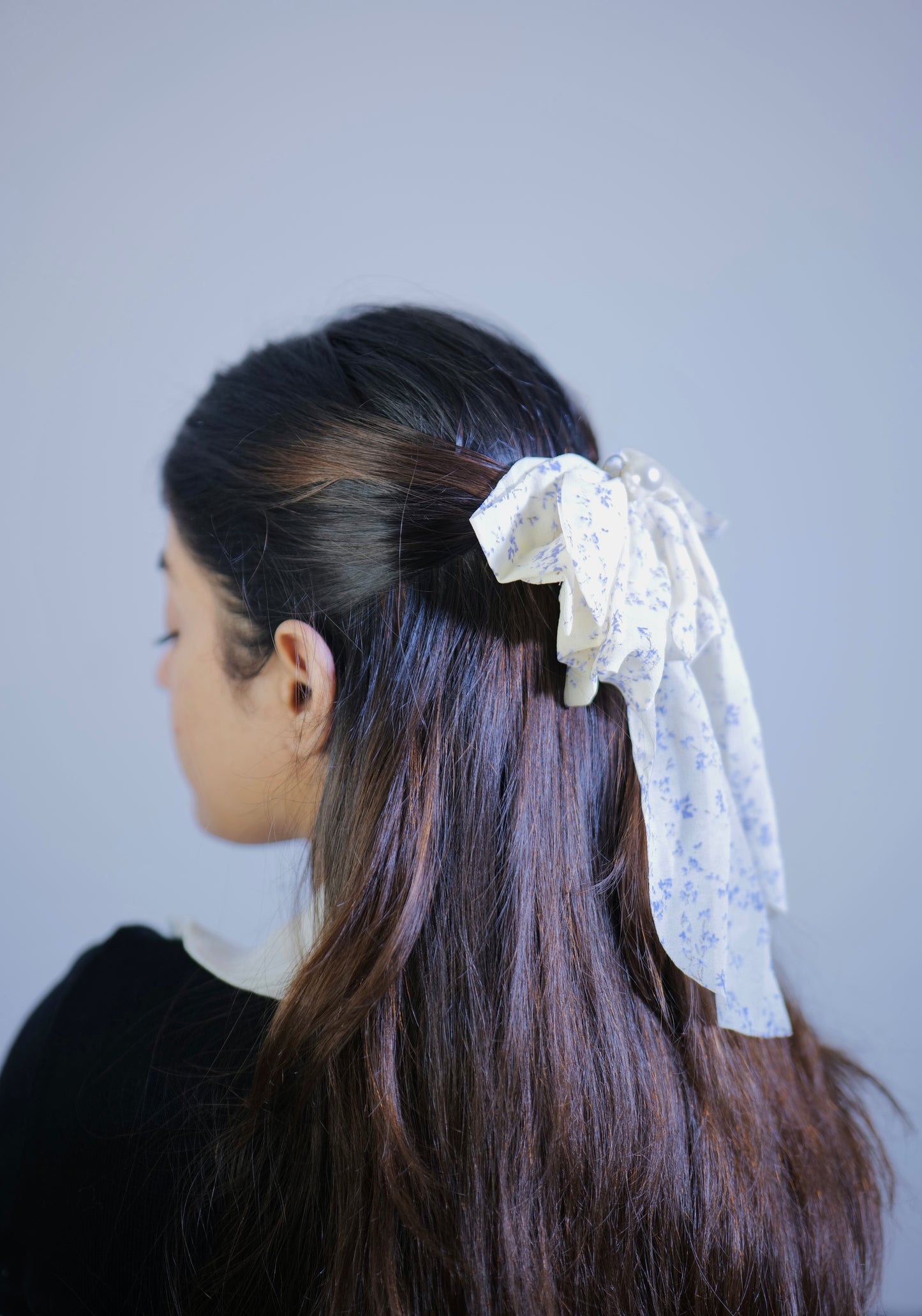 Creamy Blue Pearly Printed Bow